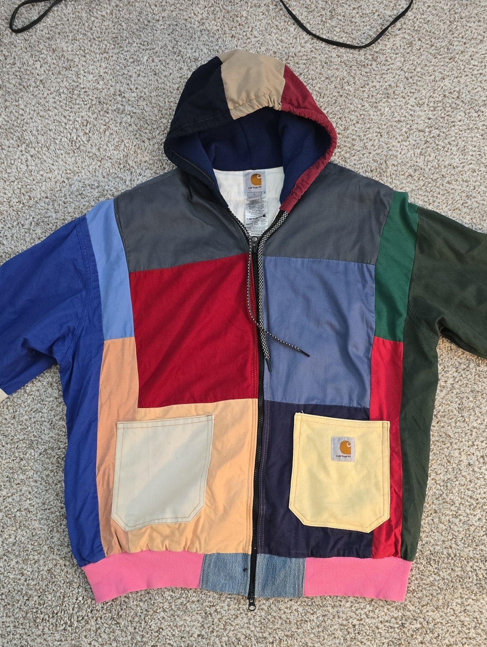 Carhartt Patchwork Zip-Up Hoodie in Red, Blue, Green, Pink, Tan